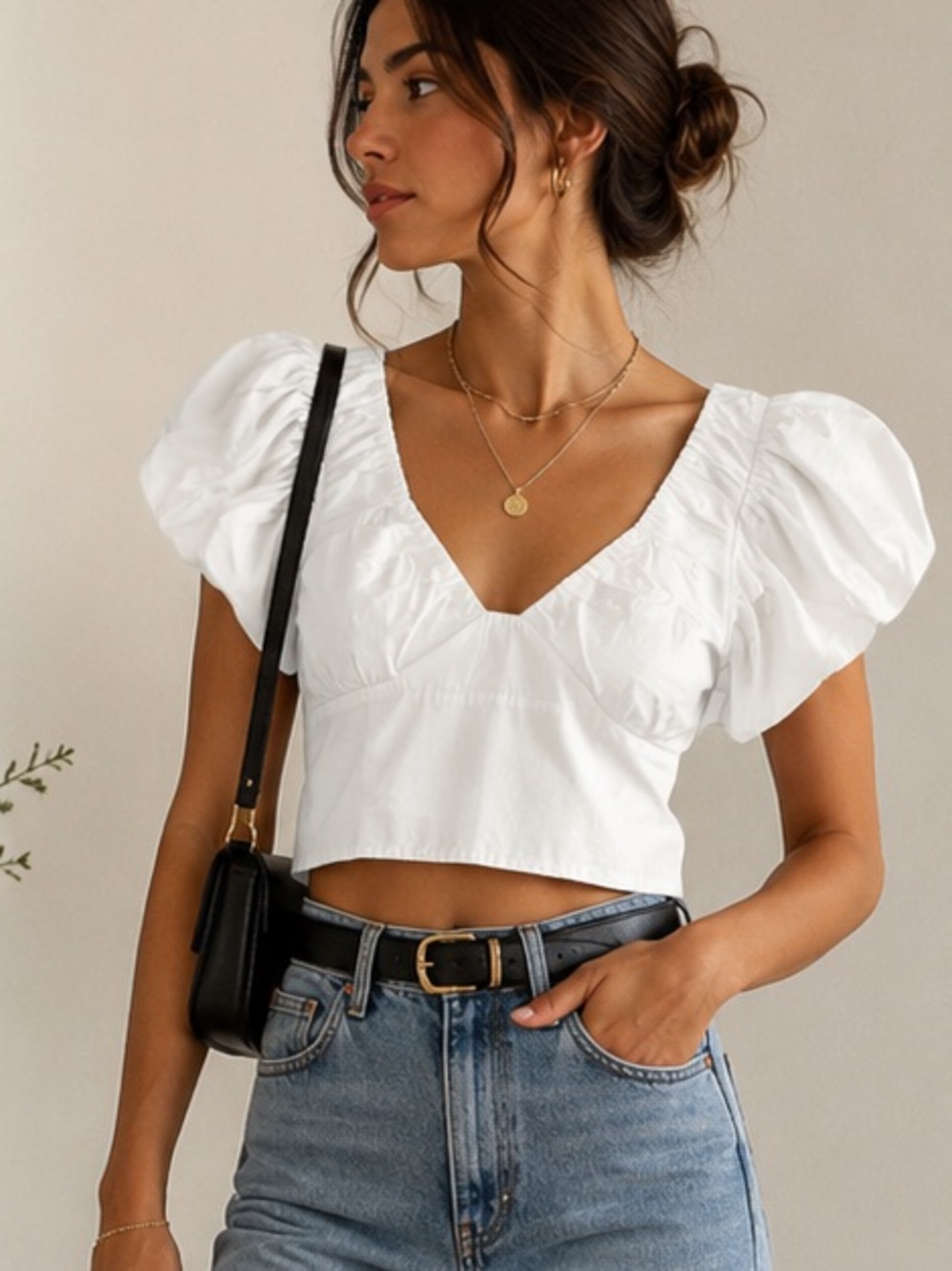 Abercrombie & Fitch White Puff-Sleeve V-Neck Blouse